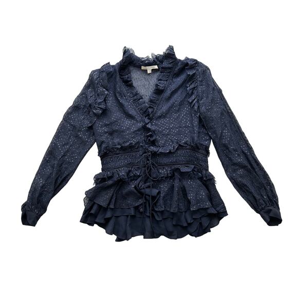 Johnathan Simkhai Navy Semi Sheer Chiffon Ruffle Blouse Size Medium - Picture 6 of 12